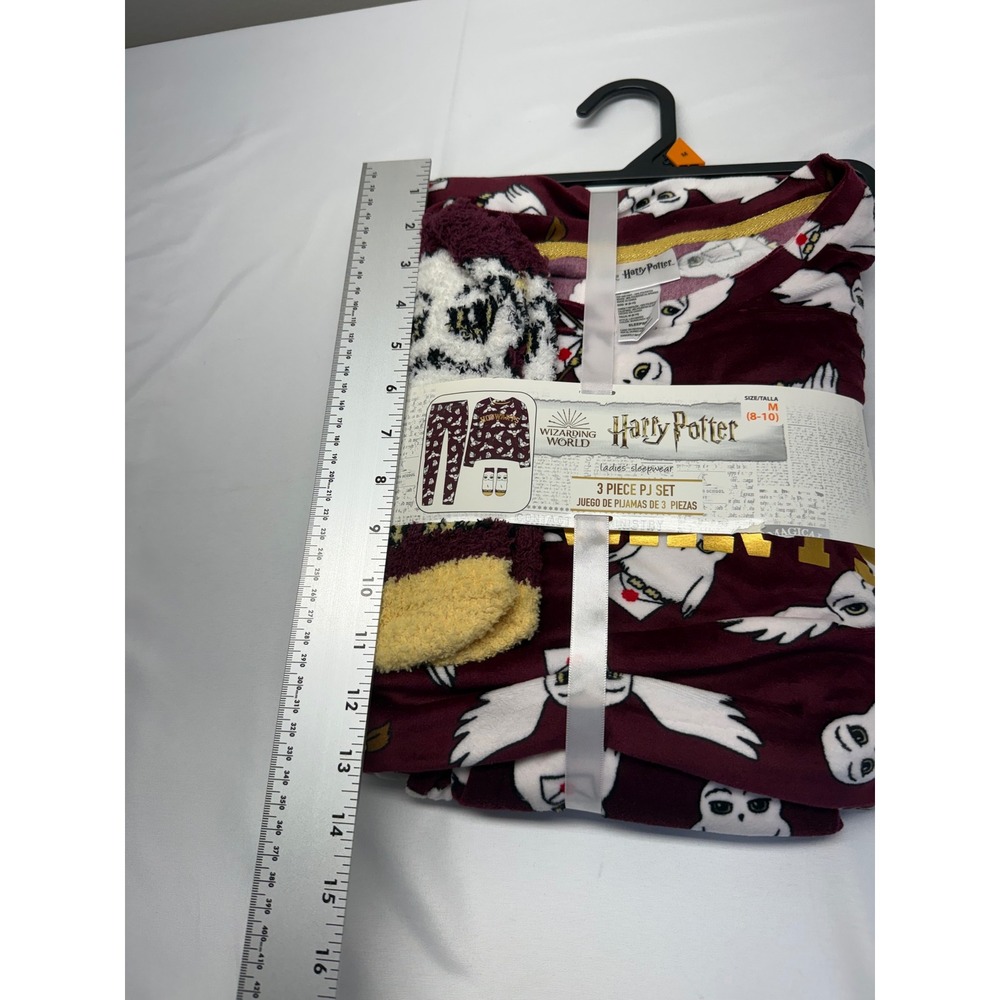 Harry Potter Hedwig 3 Piece Pajama Set Womens Medium Burgundy Fleece PJs & Socks - Picture 2 of 7